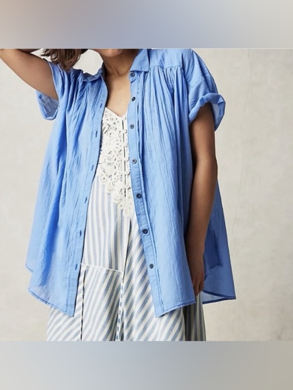 We The Free Float Away Short Sleeve Button Shirt Light Blue Vista Free People